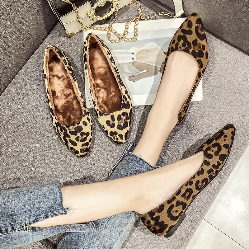 

HEE GRAND Women Fur Winter Flats Leopard Flock Warm Pointed Toe Shallow Mouth Slip-on Ladies Loafer Larger Sizes 34-43 XWD7870