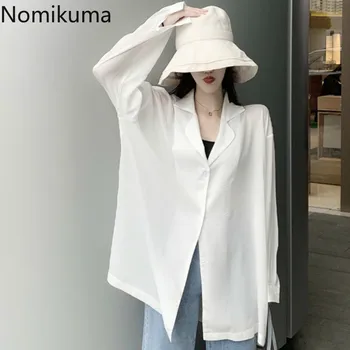 

Nomikuma White Blouse Women Single Breasted Long Sleeve Loose Shirts Female Solid Color Slightly Transparent Tops Blusa 3a245