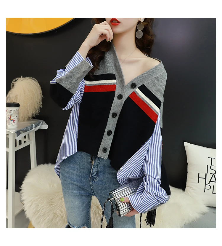 HF19231 Grey H. SA женский зимний свитер кардиганы на пуговицах Лоскутная рубашка трикотажная вязаная джемпер в стиле пэчворк корейская мода топы Roupa - Цвет: HF19231 Grey