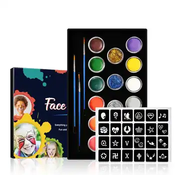 

Face Body Paint Kit Professional Face Paint Oil with 12 Large Washable Paints 3 pens 4 Tattoo Stickers 4 Glitter Powder Glues