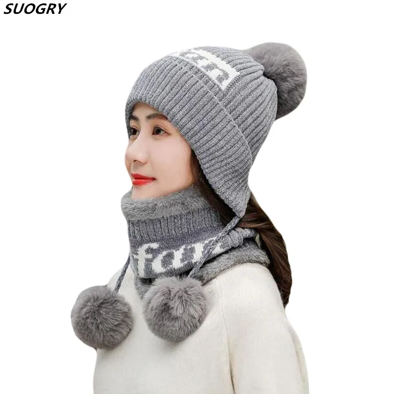 

SUOGRY Fashion Chenille Women Winter Hat With Three Balls Lady Cute Handmade Ear Muff Warm Knitted Hats Beanie