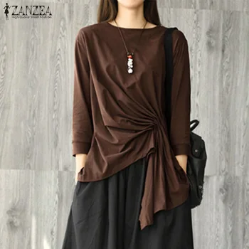 

Retro Pleated Tops Women's Asymmetrical Blouse 2020 ZANZEA Casual Long Sleeve Tee Shirts Female Solid Blusas Oversized Tunic