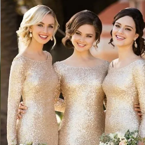 Winter Bridesmaid Dresses Sequins Champagne Long Sleeves Cheap Blush Long Sheath For Bridal Party Guest Dress For Women vestidos