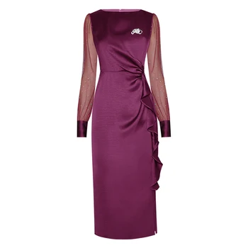 

Red RoosaRosee Designer Women new autumn fashion o neck mesh full sleeve package hip slit dress