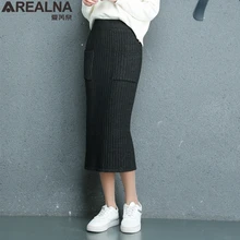 Женская элегантная юбка-карандаш миди с разрезом сзади и карманами, осенне-зимняя повседневная трикотажная юбка, юбки с высокой талией для женщин, s Jupe Femme Faldas