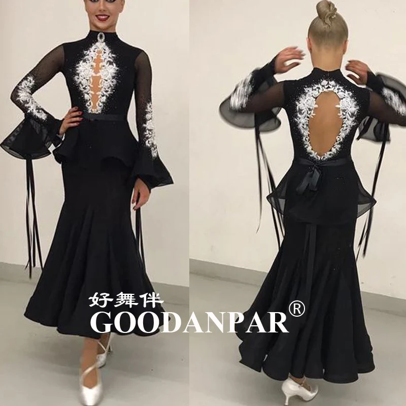 GOODANPAR New Custom-made ballroom dress standard drag queen costumes Waltz Tango Quickstep Dance Dress black Flare Sleeve | Тематическая
