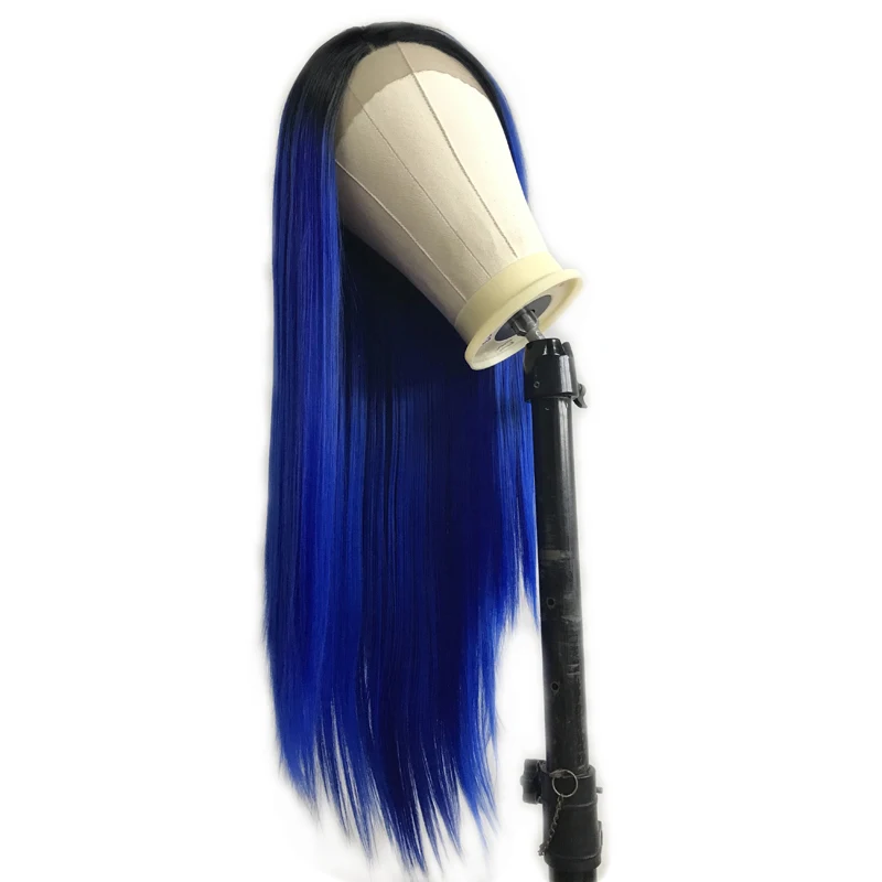 

RONGDUOYI Two Tone Blue Color Natural Straight Synthetic Hair Wig Heat Resistant Glueless Front Lace Wigs for Women Middle Part