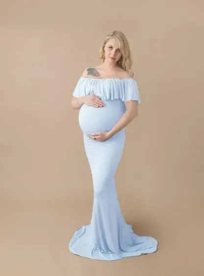 Элегантное гофрированное платье для беременных, хлопковое длинное платье макси для беременных, платья для фотосессии, женское сексуальное платье для беременных - Цвет: 03 Light Blue