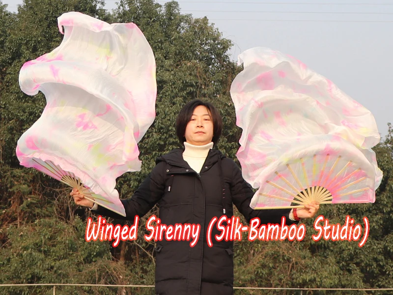 Шелковая вееровая Фата для танца живота Пастельная Бирюза + желтый розовый цвет 1