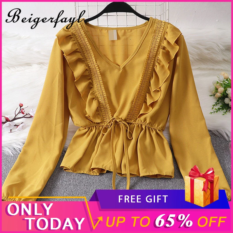 

Beigerfayl 2019 New Woman Blusas Mujer De Moda Fall Chiffon Solid Color Blouse Lotus Leaf Lantern Long Sleeve V Neck Shirts 895
