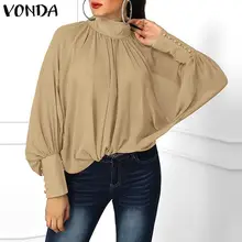 VONDA, сексуальная женская блузка, длинный рукав-фонарик, v-образный вырез, весенняя повседневная свободная блузка из полиэстера размера плюс, офисный женский топ