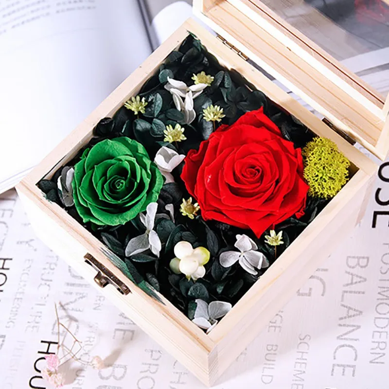 Flower Rose In Wood Storage Box Flasks Receive Immortal Flower Eternal Romantic Gift For Lovers Birthday Gifts Valentine's Day