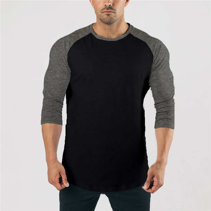 Autumn Gym Shirt 3/4 Sleeve Sports T Shirt Men Solid Cotton Running