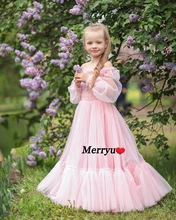 Cute Boat Neck Puffy Layer Flower Girl Dresses First Communion Dresses Tulle Ruffles Ball Gown Birthday Dress