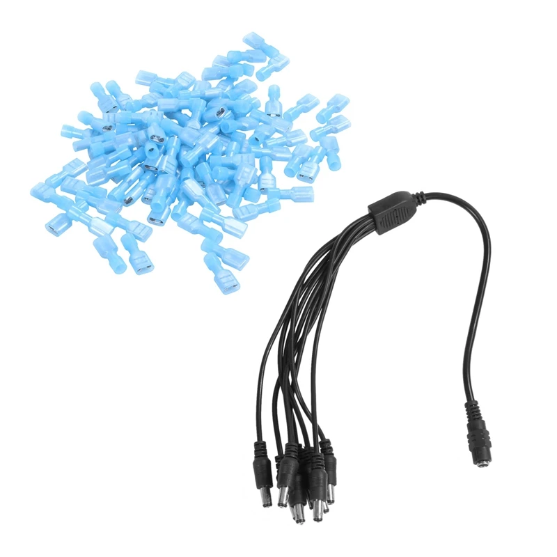 1 Pcs 5.5X2.1mm 8 Channel Splitter DC Power Cable & 100Pcs Female Fully Insulated Wire Crimp Terminal Nylon Connectors | Компьютеры и