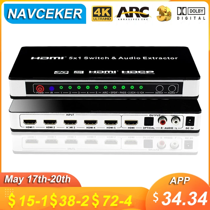 Navceker 2020 4K 1.4 HDMI Switch 5x1 HDMI Switch Audio Extractor ARC & IR 5 Port HDMI Switch Remote 4K For PS4 PS3 Apple TV XBox