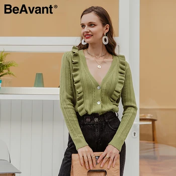 

BeAvant Elegant green autumn winter women knitted cardigan Causal v-neck ruffle long sleeve sweater Fashion female cardigan 2020