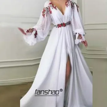 

White Slit Evening Dresses Chiffon Puff Sleeve Applique Belt Islamic Dubai Saudi Arabic Long Prom Evening Gown Prom Dress