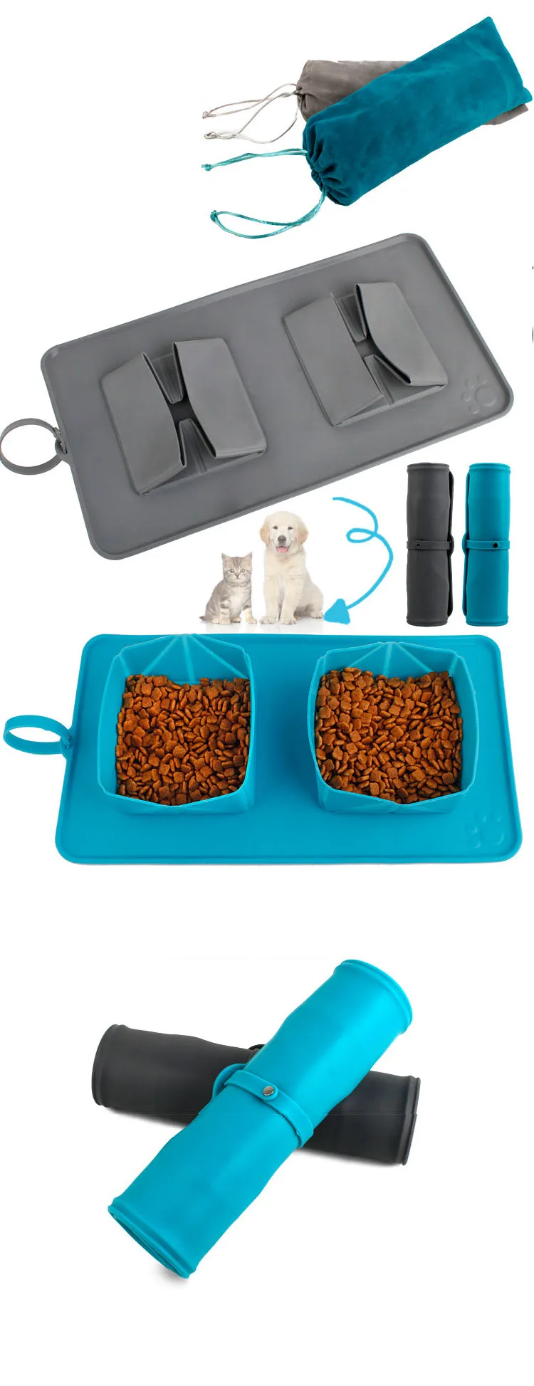 Travel Collapsible Silicone Pets Double Bowl Puppy Dog Cat Food Water Feeding Non-Skid Silicone Mat Cup Dish Pet Accessories