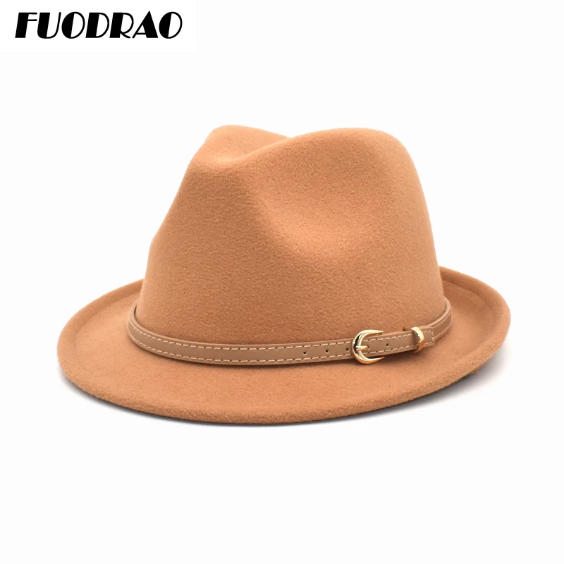 

FUODRAO Autumn Winter Wool Fedora Hats Women Black Cowboy Hat Church Jazz Hat Men Outdoor Travel Cap Belt Chapeau Homme F131