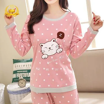 

Women Long-sleeved Trousers Polka Dot Pajamas Spring and Autumn Cartoon Cute Cat Pattern Loose Sleepwear