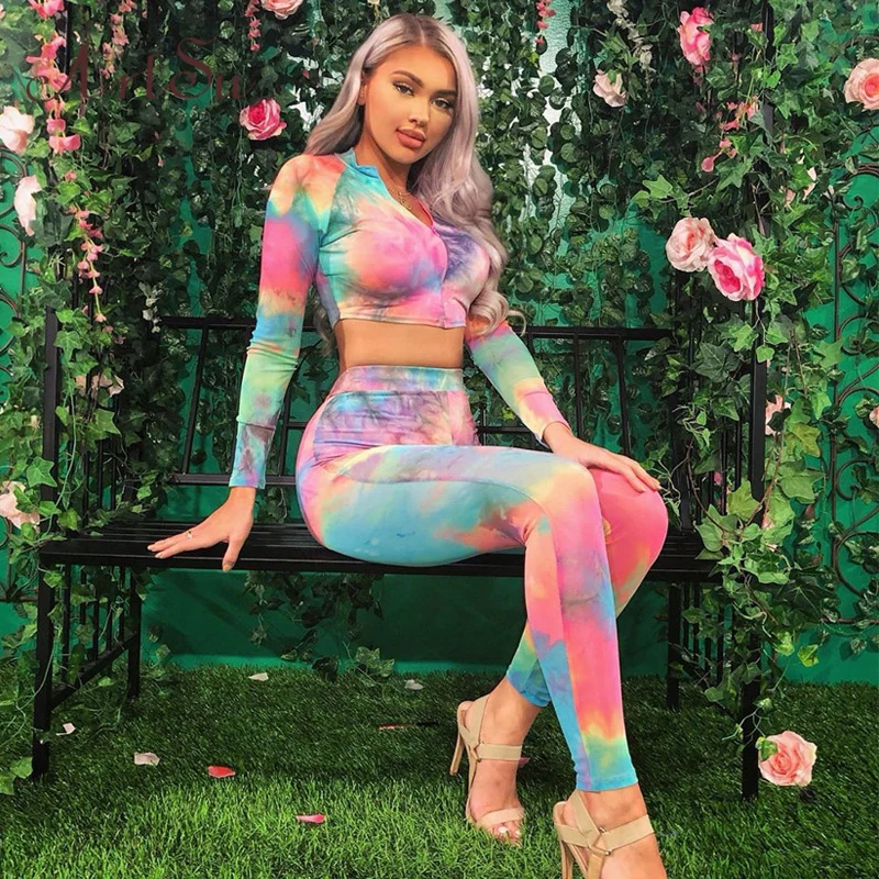 

ArtSu Autumn Women Rainbow Two Piece Set Top and Pants Sweatsuit Matching Sets Suits Ladies Tracksuits Streetwear ASSU20254
