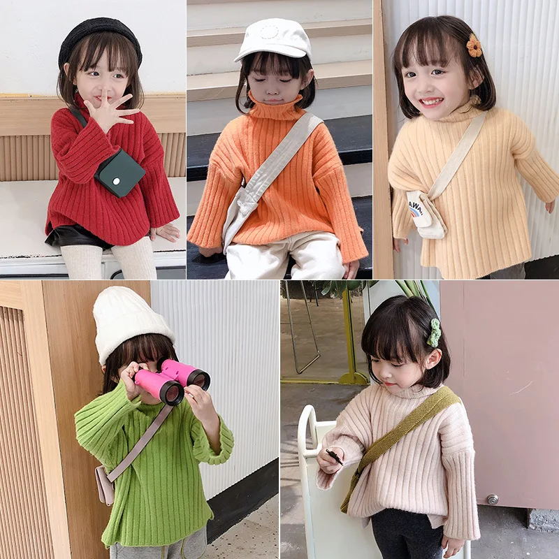 

2019 New Girls Casual Solid Color Long Sleeve Winter Pit Strip High-neck Sweaters Children Cotton Knitted Pullover Top Clothing