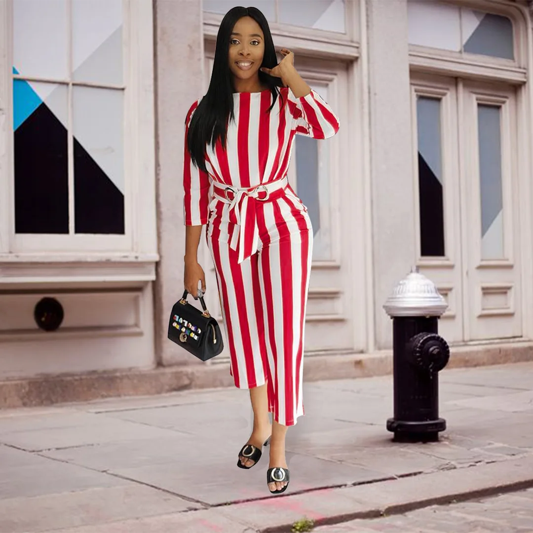 Autumn Striped Jumpsuits for Women Three-Quarter Sleeve Office Wear Jumpsuit Vintage Ladies Long Playsuits Overalls DW673