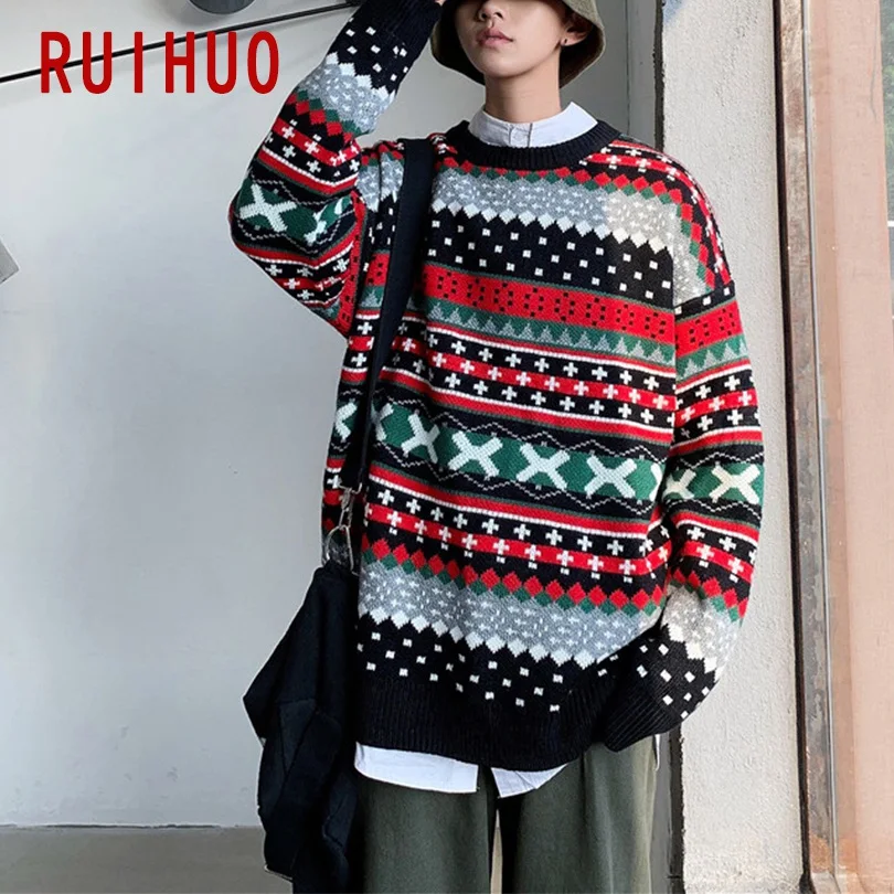RUIHUO, новинка, осенне-зимний Повседневный свитер с круглым вырезом, Мужской приталенный вязаный пуловер, мужской модный бренд, мужские свитера, теплые M-2XL