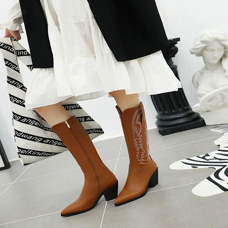 New Autumn Winter PU Leather Square Heel Women Shoes Embroidery Pointed Toe Slip on Knee High Boots Size 34-43