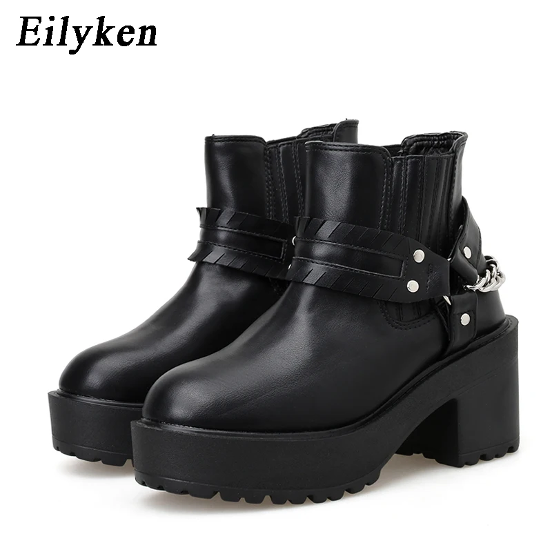 

EilyKen Spring Fashion Femme Ankle Boots Platform High Heels Round Toe Chain Thick Heels Women Boots Riding Equestrian Boots