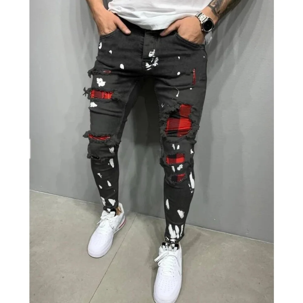 2021 Spring/summer Men's Skinny Jeans Wash Patched Color Zipper Access Wear Hole Denim Trousers Denim Jeans for Men Pants