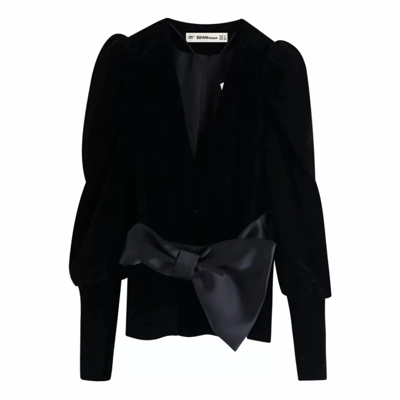 Женское винтажное бархатное пальто с бантом на поясе черная Осенняя верхняя