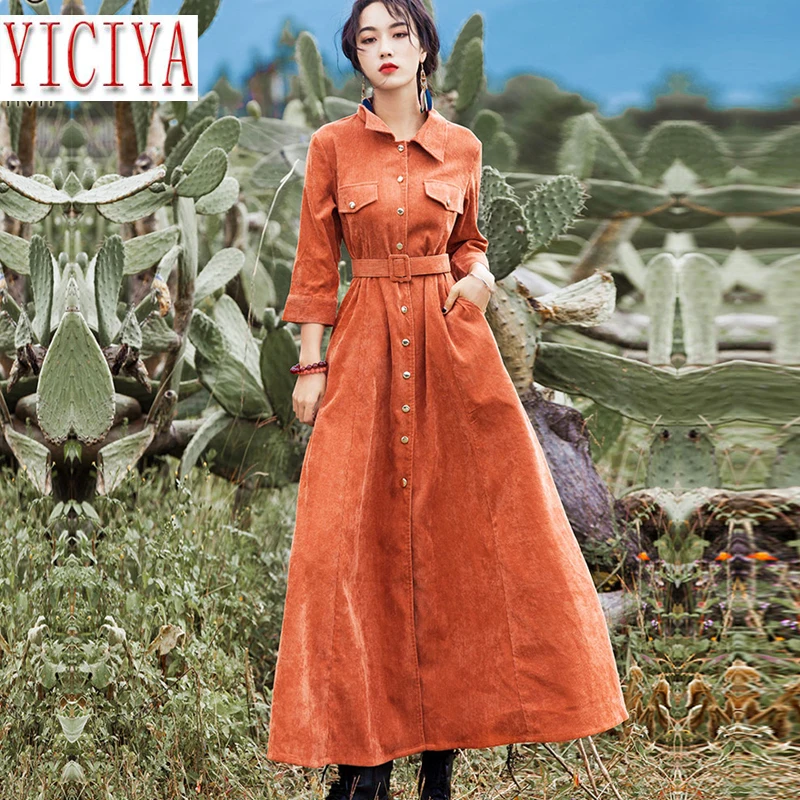 

Fall Long Women Dress Corduroy Autumn Winter Maxi Button Dresses For Women Vintage Full Sleeve Ankle-lenght Female Warm Vestido