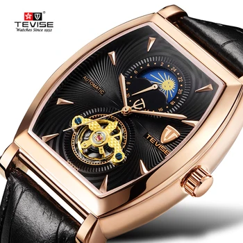 

TEVISE Brand Automatic Watch Tonneau Design Moon Phase Tourbillon Watch for Men Clock Fully Self Wind Mens Mechanical Watches