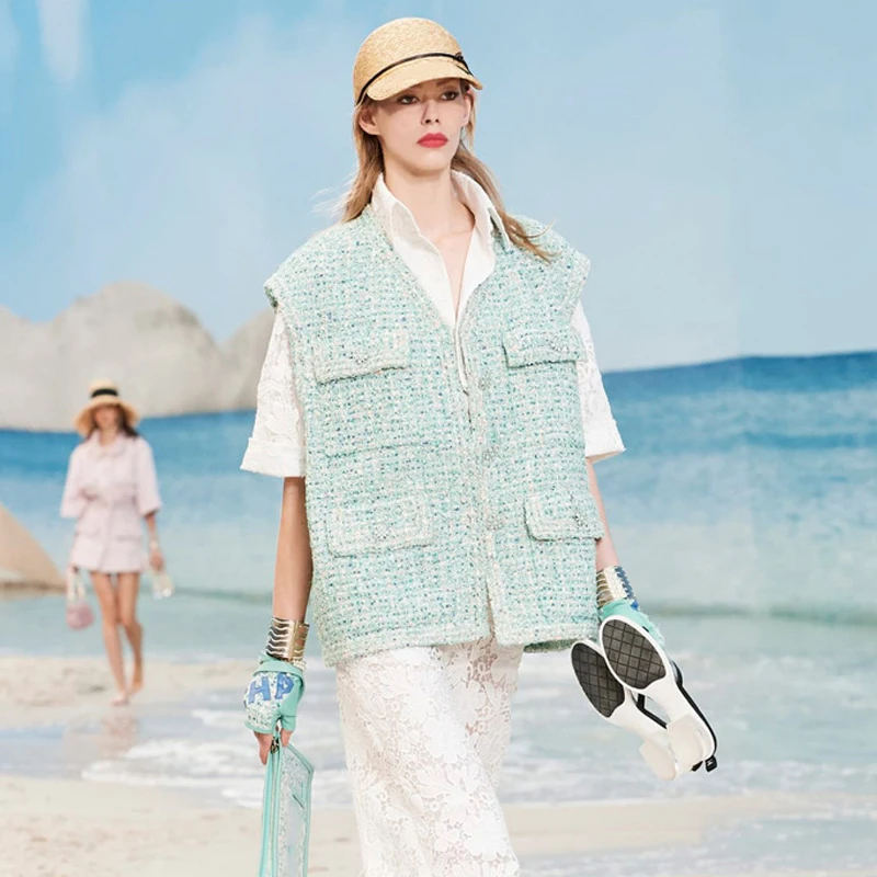 

Autumn New Arrival Loose Wild Cardigan Vest Coats Blue Sleeveless Pocket Outwear Holiday BeachParty