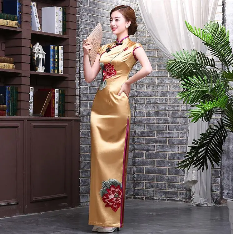 Вышивка 4XL Цветочный элегантный сценический показ ручной работы Кнопка Сельма традиционное китайское Ципао женское платье винтажное женское сексуальное платье чонсам - Цвет: Золотой