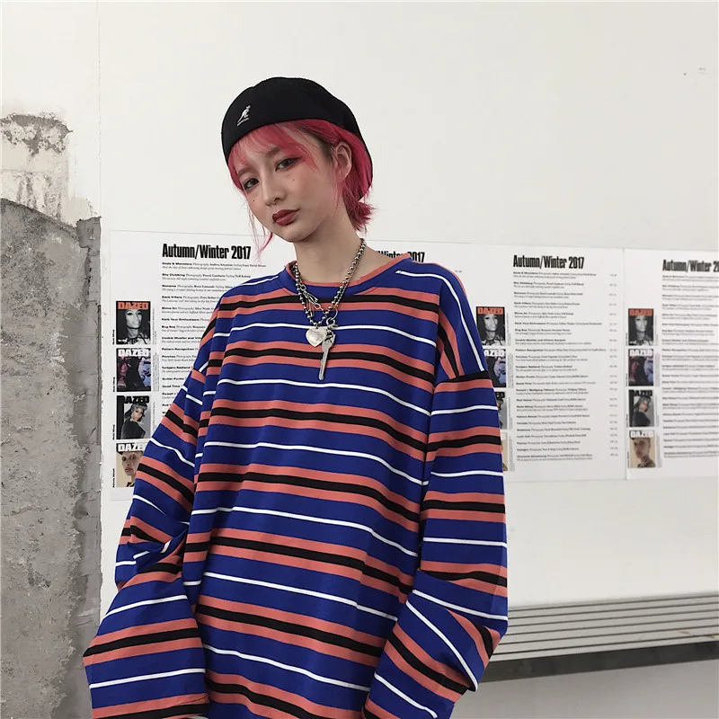 Lychee Harajuku Популярнейшая цветная полоска женская футболка Топ Футболка с длинным рукавом Женские футболки с круглым вырезом Хлопковые женские футболки