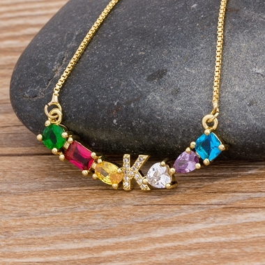 New Design Luxury Initial Alphabet A-Z Letters Charm Rainbow Pendant Necklace Copper Zirconia Choker Family Jewelry Gift