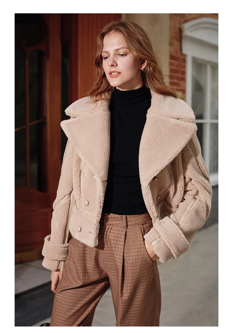 [EAM] Loose Fit Oatmeal Lambswool Split Short Woolen Coat Parkas New Long Sleeve Women Fashion Tide Autumn Winter 1K905