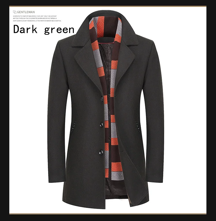 Dark green Длинное мужское шерстяное пальто, утолщенная теплая верхняя одежда, мужская деловая Повседневная брендовая однотонная шерстяная куртка для темперамента размера плюс 2XL DS8062 - Цвет: Dark green
