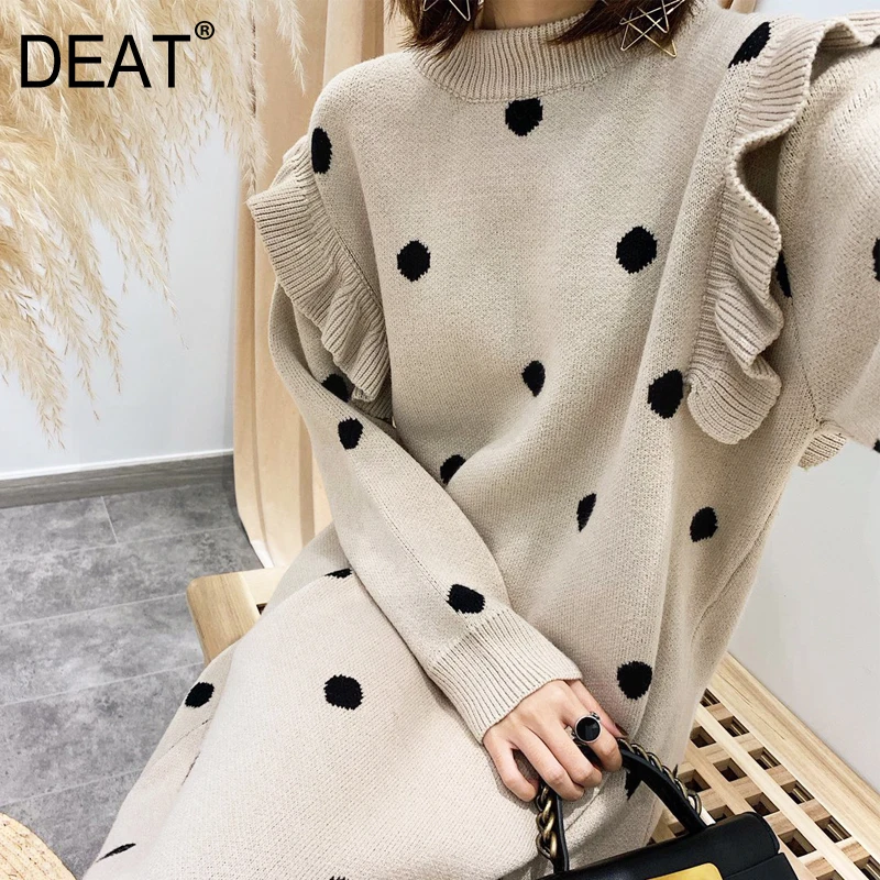 

[DEAT] 2019 New Spring Round Neck Long Sleeve Hit Color Dot Ruffles Spliced Long Wild Knitting Sweater Women Fashion Tide 13D502