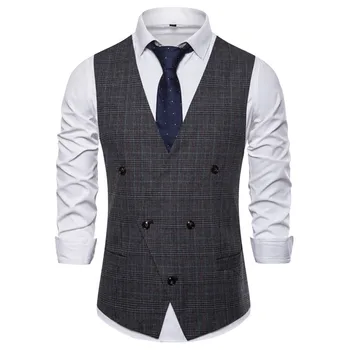 

Men's Business Sleeveless Suit Vest Waistcoat Big V-neck Fashion V-type Button Plaid Plus Size Casual Slim Fit Vests For Men 3XL