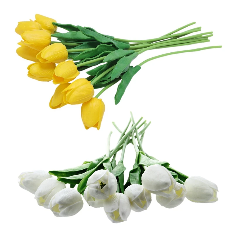 20 Pcs Artificial Tulip Flower Latex:10Pcs Yellow with Leaves for Wedding Bouquet Decorate with 10 Pcs White for Wedding Bouque