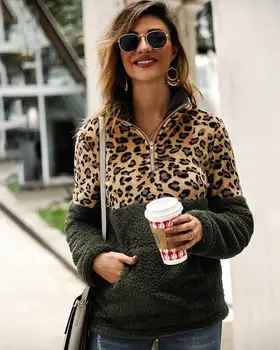 

Women Leopard Patchwork Plus Size Fluffy Autumn Winter Sweatshirt Zip Fleece Casual Oversized Pullover