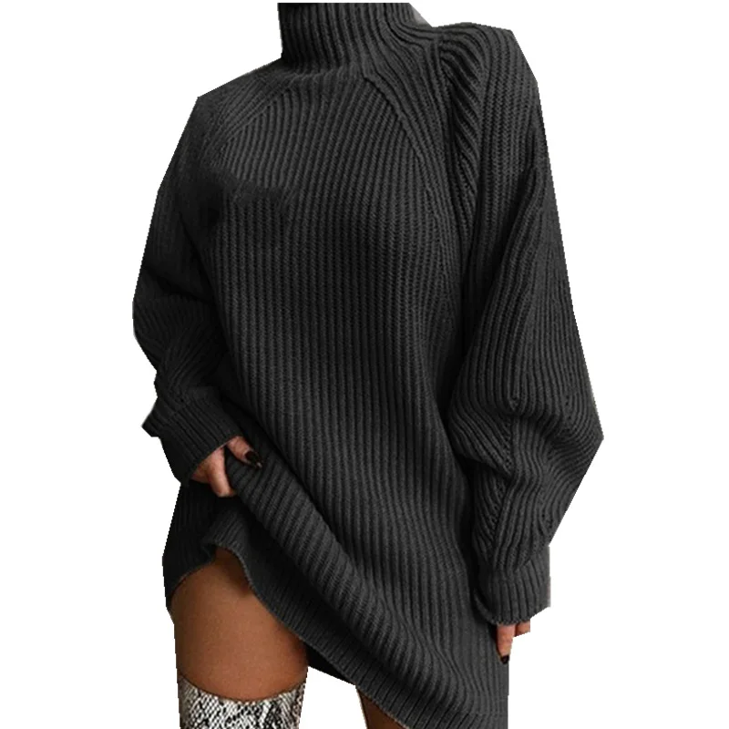 Women Turtleneck Sweater Dresses Autumn Solid Loose Knitted Dress Elegant Long Sleeve Oversized Winter Female Mini Sweater Dress