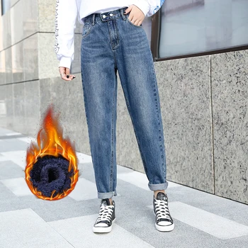 

GUUZYUVIZ Jeans Woman Thicken Velvet Denim Harem Pants Mujer Plus Size Jean Femme High Waist Vaqueros Winter 2019 Casual