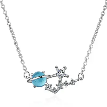 

Blue Crystal Zircon Planet universe Pendant Necklaces For Women Trend Short Clavicle Chain 925 Sterling Silver Jewelry SAN165