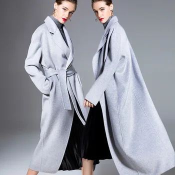 

women's winter overcoats silver grey belt Double-sided wool cashmere outwear 2019 autumn plus size ladies fashion long free ship