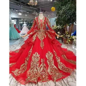 شراءBGW 2287ht فستان فاخر لحفلات الزفاف الأحمر مع الدانتيل الذهبي بأكمام طويلة ثوب مسائي مسلم خمر مع قطار متعدد الطبقات تنورة